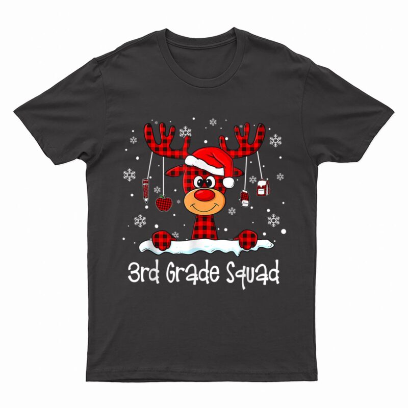 3rd Grade Squad Plaid Reindeer Santa Hat Teacher Christmas T-Shirt