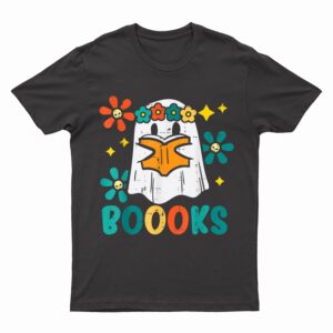Books Ghost Reading Boooks Retro Groovy Halloween Teacher T-Shirt