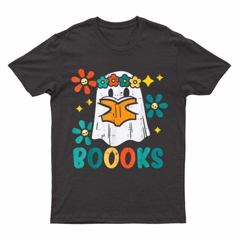Books Ghost Reading Boooks Retro Groovy Halloween Teacher T-Shirt