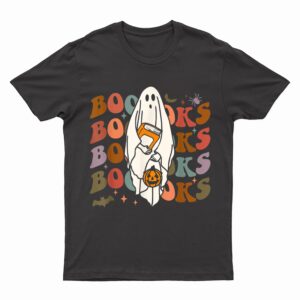 Booooks Ghost Halloween Groovy Vintage Teacher Book Reading T-Shirt