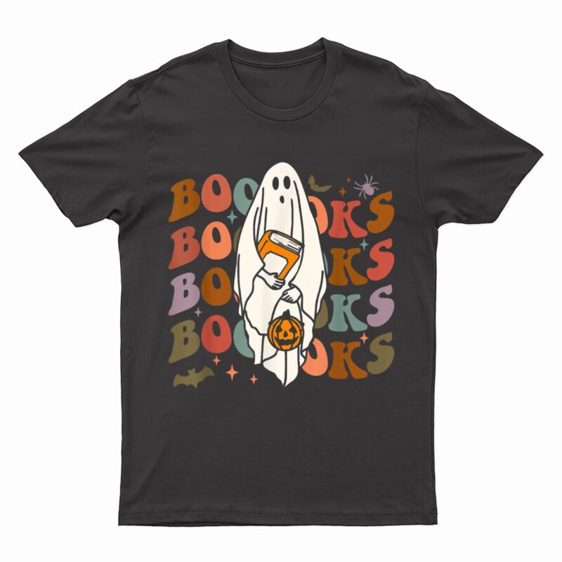 Booooks Ghost Halloween Groovy Vintage Teacher Book Reading T-Shirt