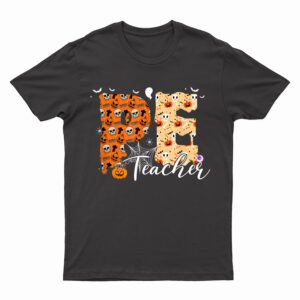 Funny PE Teacher Halloween Costume Pumpkin Fall Skeleton T-Shirt