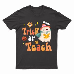 Groovy Halloween Trick or Teach Retro Floral Ghost Teacher T-Shirt