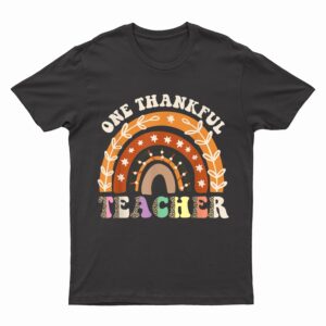 One Thankful Teacher Leopard Rainbow Pumpkin Thanksgiving T-Shirt