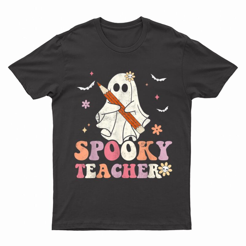 Spooky Teacher Ghost Halloween Groovy Retro Trick Or Treat T-Shirt