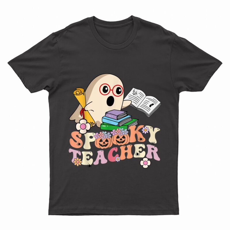 Spooky Teacher Groovy Retro Ghost Teacher Halloween T-Shirt