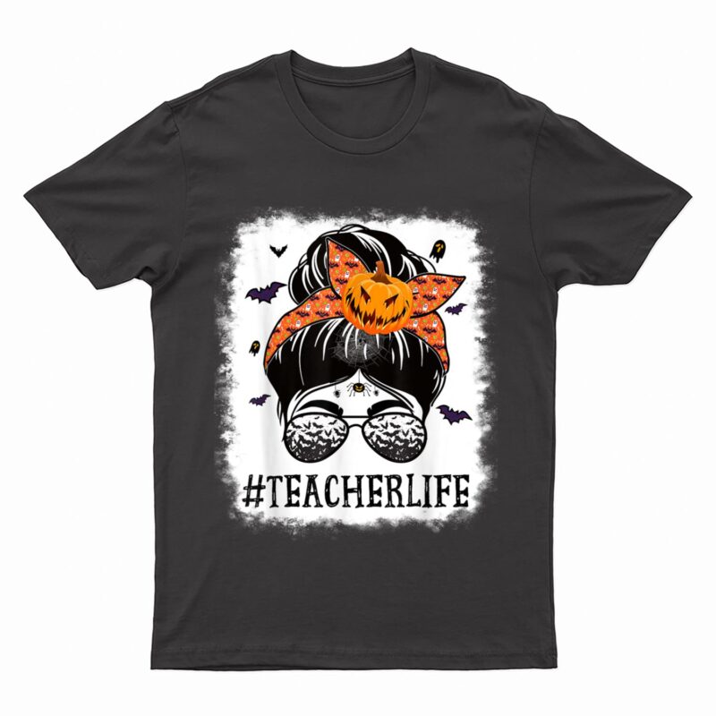 Teacher Messy Bun Spooky Pumpkin Orange Halloween Costume T-Shirt
