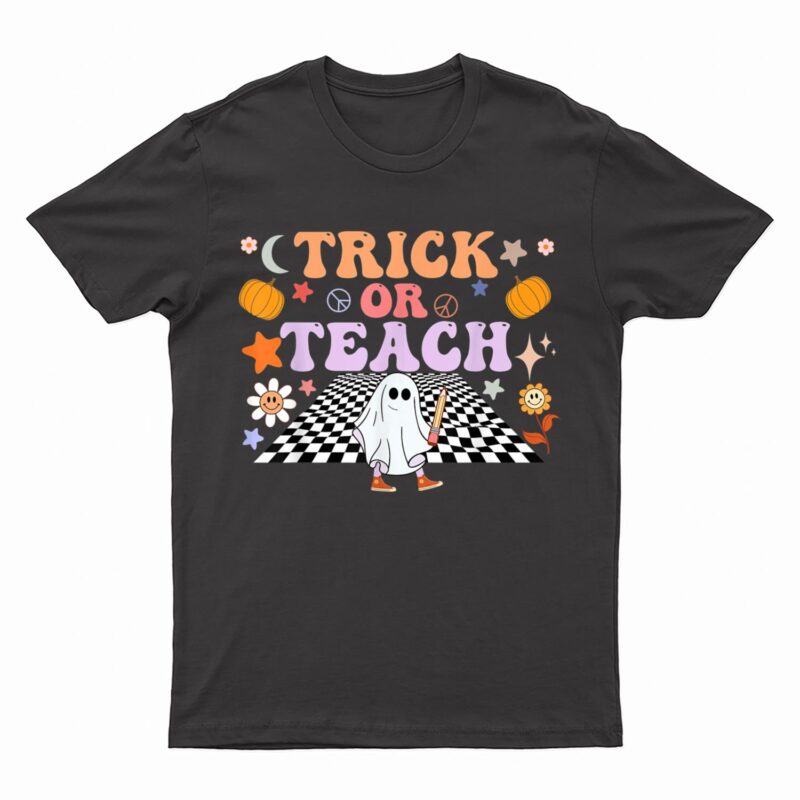 Trick Or Teach Ghost Teacher Halloween Retro Groovy Hippie T-Shirt