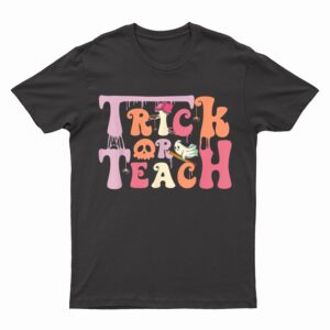 Trick or Teach Floral Groovy Halloween Teacher Retro Ghost T-Shirt