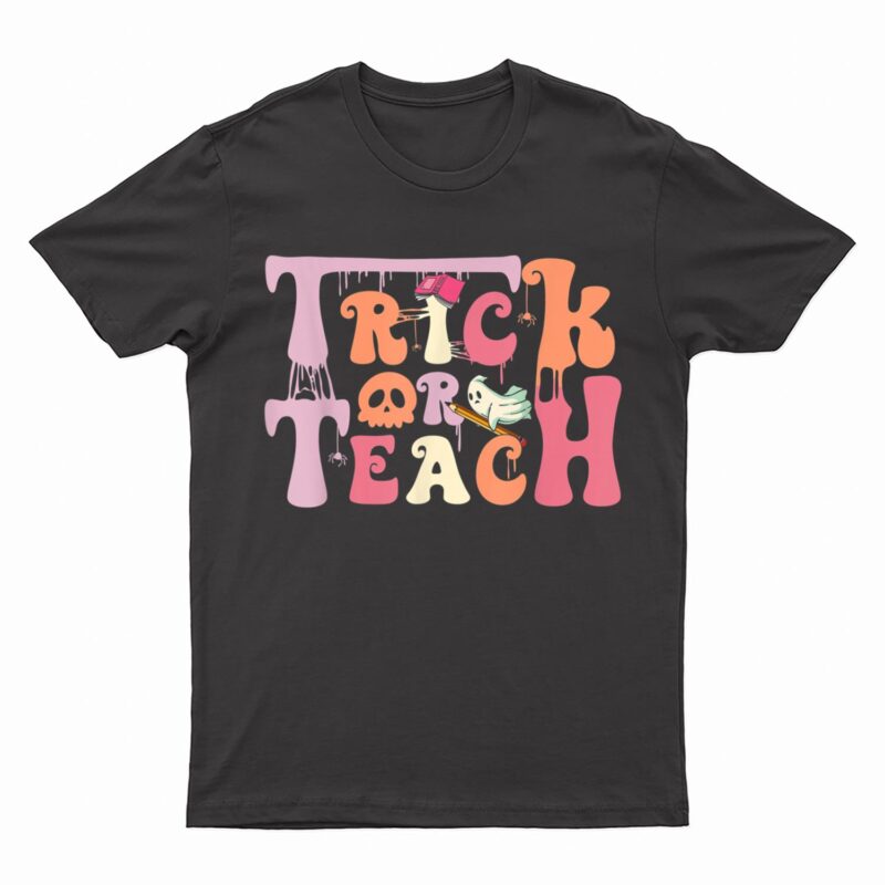 Trick or Teach Floral Groovy Halloween Teacher Retro Ghost T-Shirt