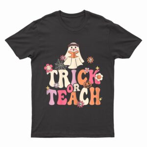 Womens Retro Groovy Halloween Trick or Teach Vintage Teacher Ghost T-Shirt