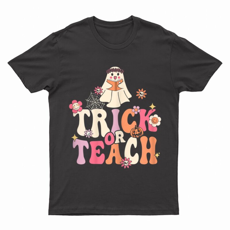 Womens Retro Groovy Halloween Trick or Teach Vintage Teacher Ghost T-Shirt